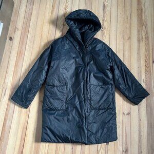 EILEEN FISHER Black Quilted Hooded Recycled Nylon Nocturne Puffer Coat Midi XS